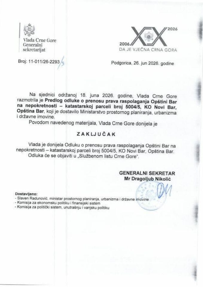 Predlog odluke o prenosu prava raspolaganja Opštini Bar na nepokretnosti - katastarskoj parceli broj 5004/5, KO Novi Bar, Opština Bar - Zaključci