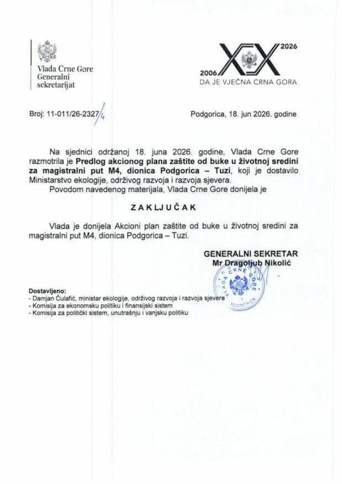 Predlog akcionog plana zaštite od buke u životnoj sredini za magistralni put M-4, dionica Podgorica -Tuzi - Zaključci