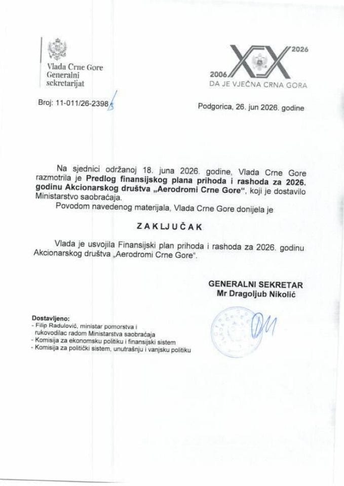 Predlog finansijskog plana prihoda i rashoda za 2026. godinu akcionarskog društva „Aerodromi Crne Gore“ - Zaključci