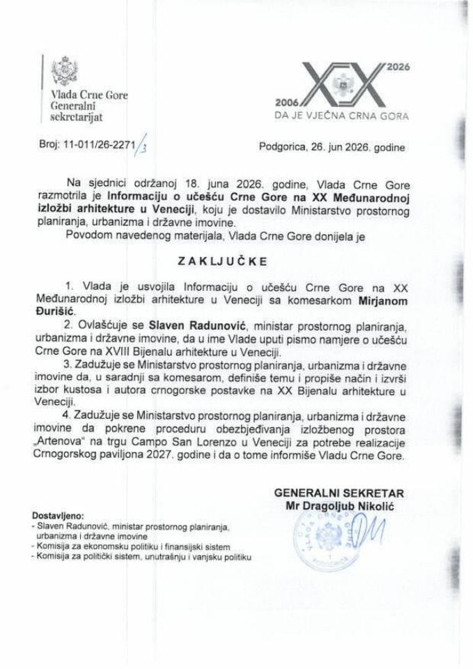 Informacija o učešću Crne Gore na XX Međunarodnoj izložbi arhitekture u Veneciji - Zaključci