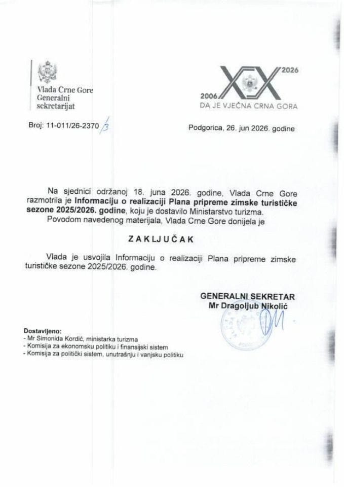 Informacija o realizaciji Plana pripreme zimske turističke sezone 2025/2026. godine - Zaključci