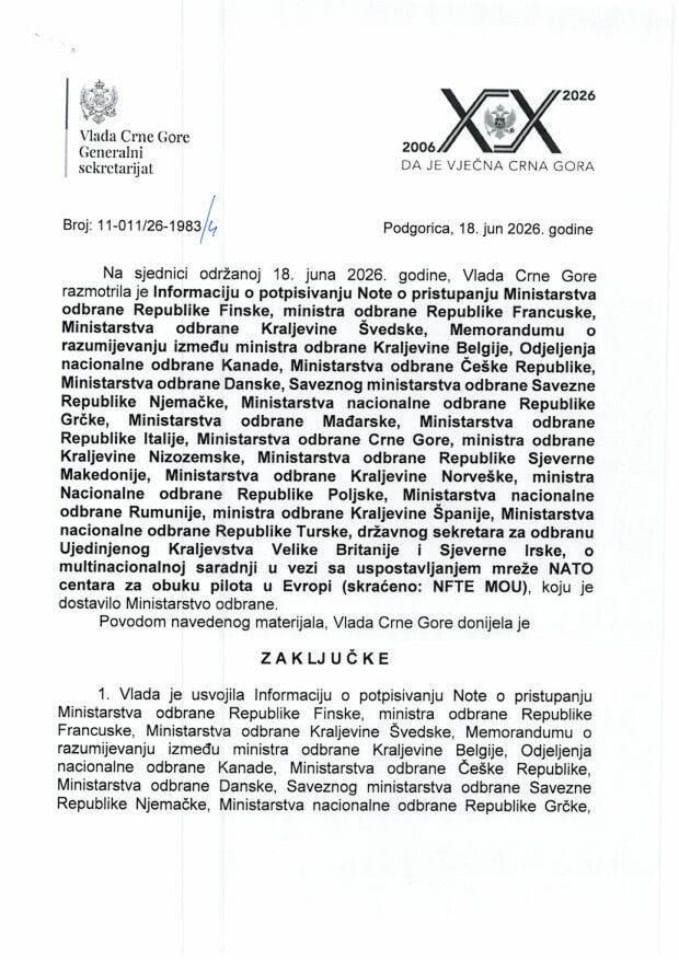 Informacija o potpisivanju Note o pristupanju multinacionalnoj saradnji u vezi sa uspostavljanjem mreže NATO centara za obuku pilota u Evropi - Zaključci