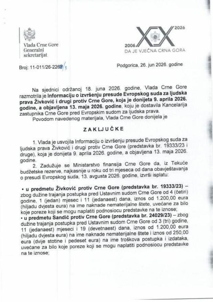 Informacija o izvršenju presude Evropskog suda za ljudska prava Živković i drugi protiv Crne Gore, koja je donijeta 9. aprila 2026. godine, a objavljena 13. maja 2026. godine - Zaključci