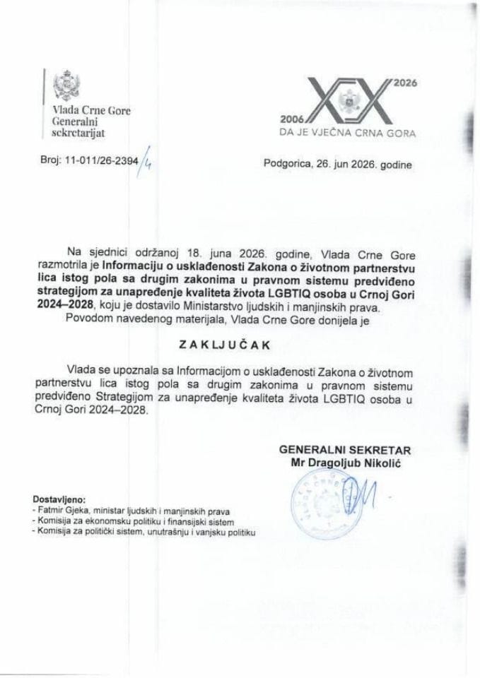 Информација о усклађености Закона о животном партнерству лица истог пола са другим законима у правном систему предвиђено Стратегијом за унапређење квалитета живота LGBTIQ особа у Црној Гори 2024-2028 - Закључци