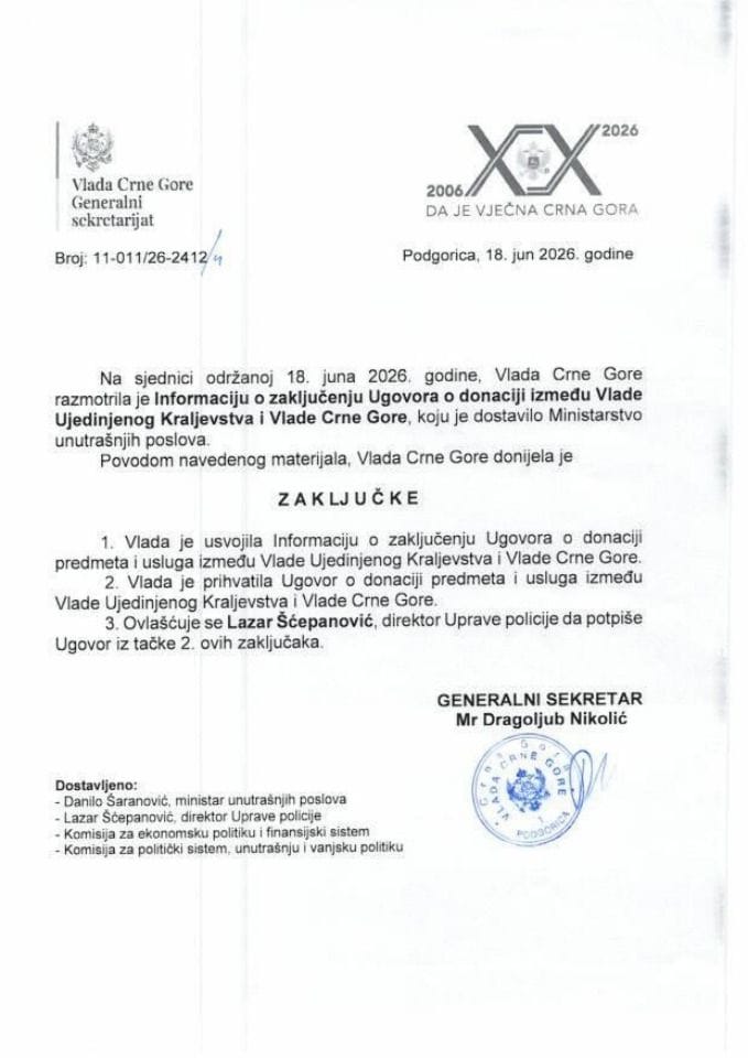 Informacija o zaključenju Ugovora o donaciji predmeta i usluga između Vlade Ujedinjenog Kraljevstva i Vlade Crne Gore s Predlogom ugovora - Zaključci