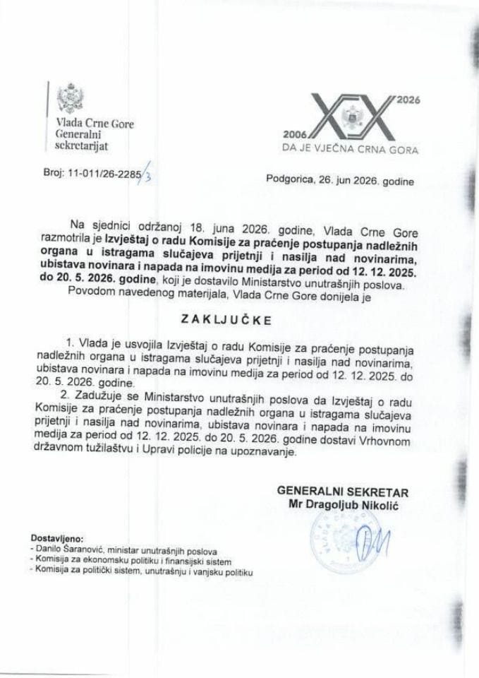 Izvještaj o radu Komisije za praćenje postupanja nadležnih organa u istragama slučajeva prijetnji i nasilja nad novinarima, ubistava novinara i napada na imovinu medija za period od 12.12.2025. do 20.5.2026. godine - Zaključci