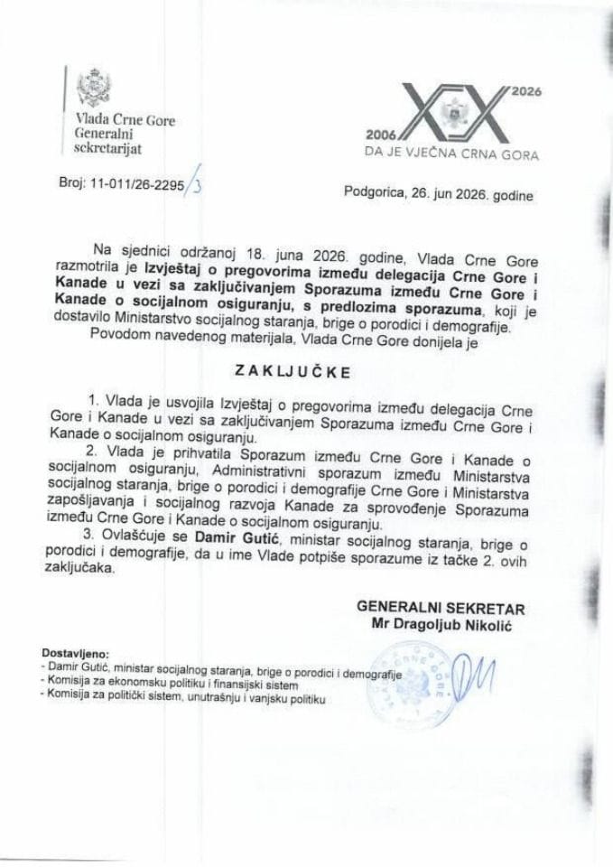 Извјештај о преговорима између делегација Црне Горе и Канаде у вези са закључивањем Споразума између Црне Горе и Канаде о социјалном осигурању с предлозима споразума - Закључци