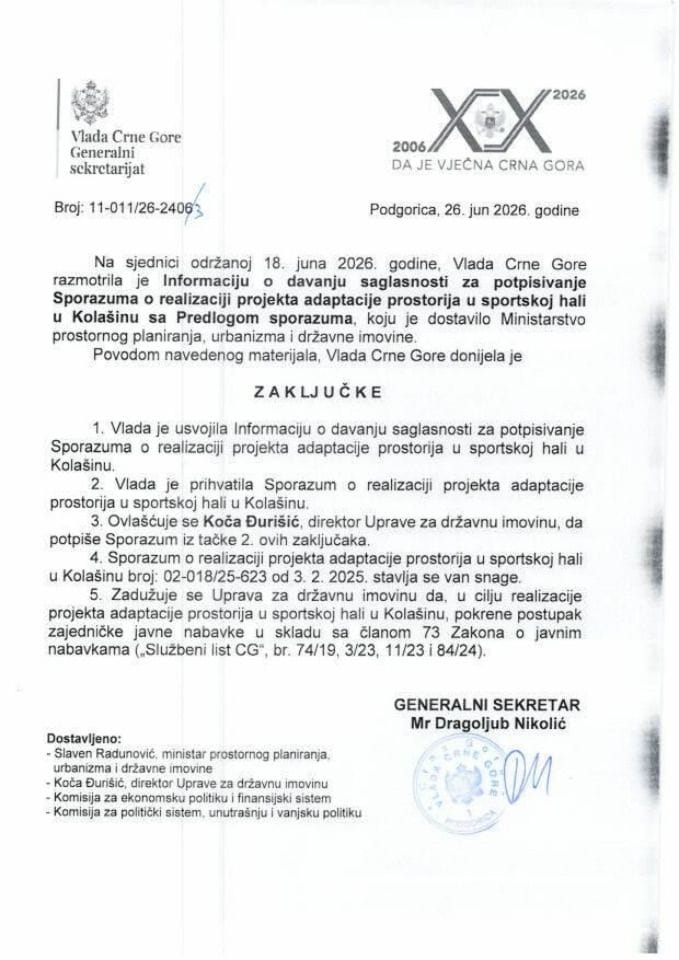 Информација о давању сагласности за потписивање Споразума о реализацији пројекта адаптације просторија у спортској хали у Колашину с Предлогом споразума - Закључци