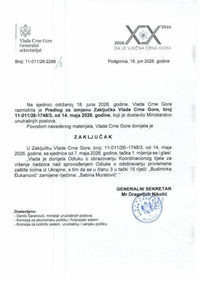 Predlog za izmjenu Zaključka Vlade Crne Gore, broj: 11-011/26-1748/3, od 14. maja 2026. godine, sa sjednice od 7. maja 2026. godine - Zaključci