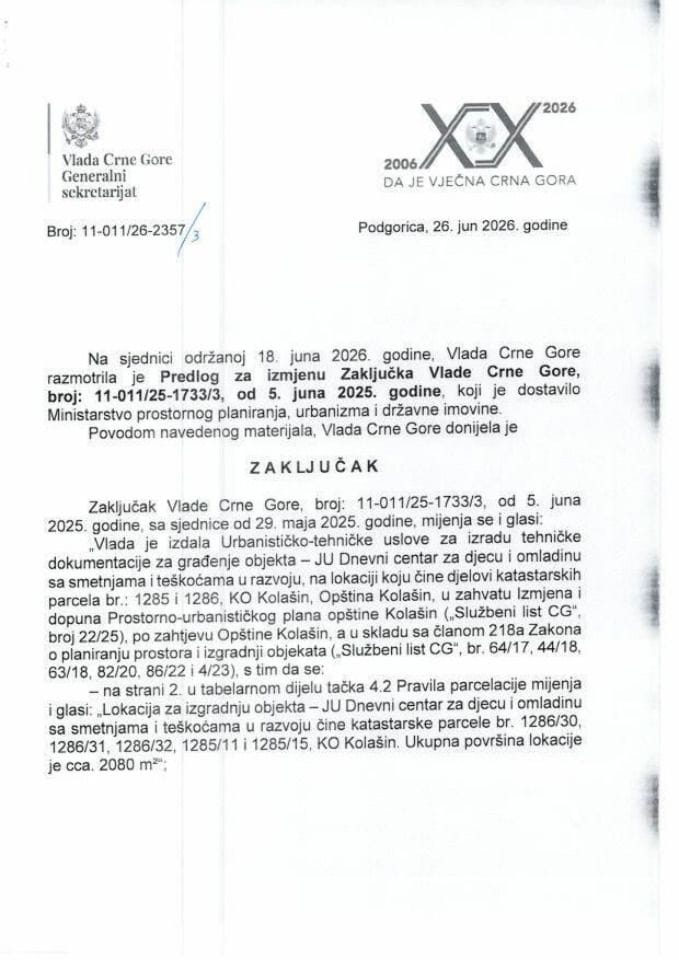 Predlog za izmjenu Zaključka Vlade Crne Gore, broj: 11-011/25-1733/3, od 5. juna 2025. godine, sa sjednice od 29. maja 2025. godine - Zaključci
