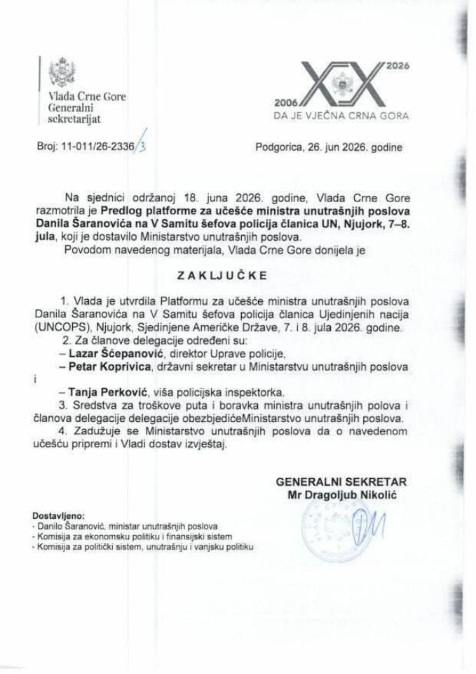 Predlog platforme za učešće ministra unutrašnjih poslova, Danila Šaranovića, na  V Samitu šefova policija članica Ujedinjenih nacija (UNCOPS), Njujork, Sjedinjene Američke Države, 7-8. jul 2026. godine - Zaključci
