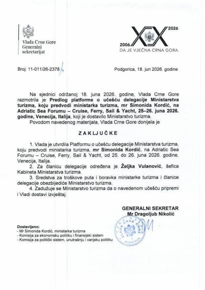 Предлог платформе о учешћу делегације Министарства туризма, коју предводи министар туризма, мр Симонида Кордић, на Adriatic Sea Forum – Cruise, Ferry, Sail & Yacht, 25–26. јун 2026. године, Венеција, Италија - Закључци