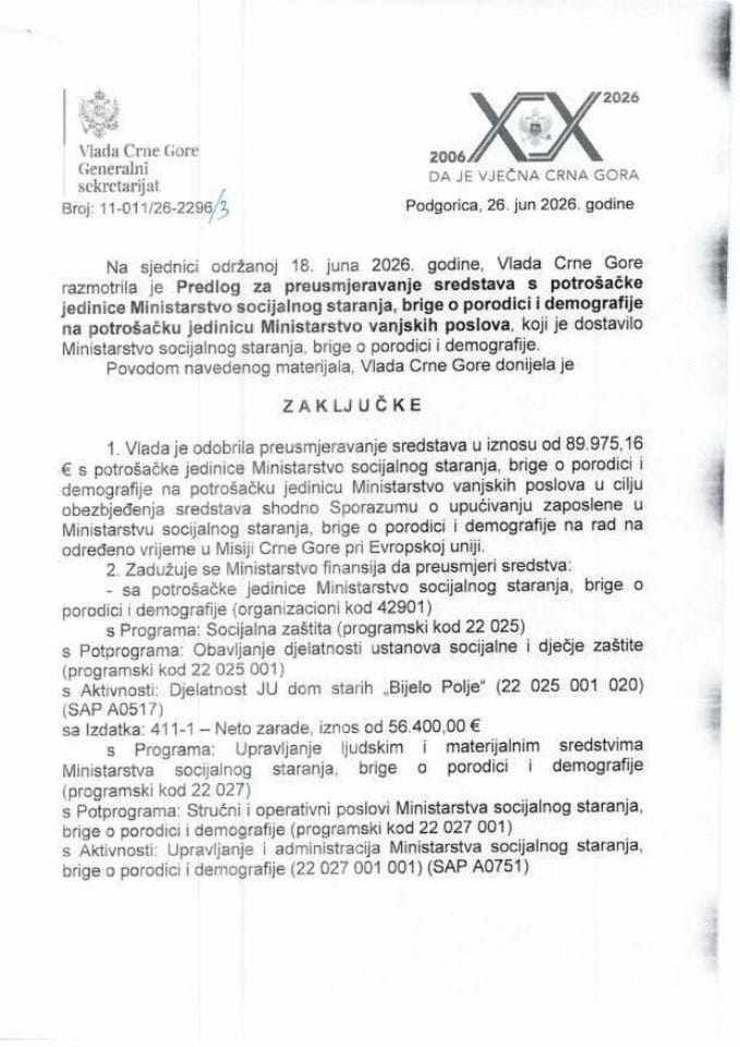 Predlog za preusmjeravanje sredstava s potrošačke jedinice Ministarstvo socijalnog staranja, brige o porodici i demografije na potrošačku jedinicu Ministarstvo vanjskih poslova - Zaključci