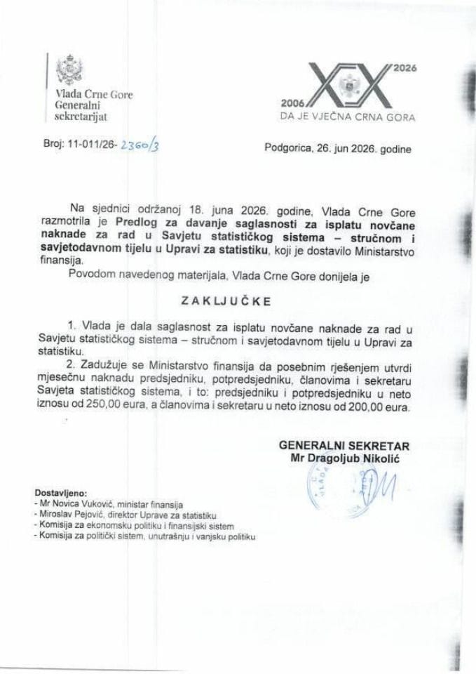 Predlog za davanje saglasnosti za isplatu novčane naknade za rad u Savjetu statističkog sistema - stručnom i savjetodavnom tijelu u Upravi za statistiku - Zaključci