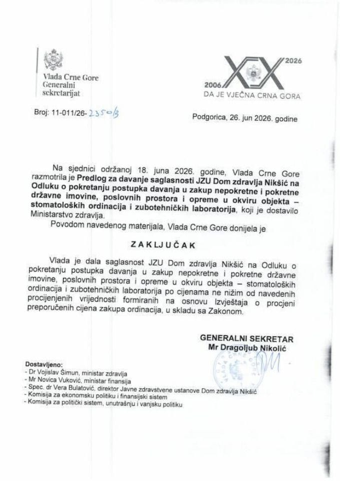 Predlog za davanje saglasnosti JZU Dom zdravlja Nikšić na Odluku o pokretanju postupka davanja u zakup nepokretne i pokretne državne imovine, poslovnih prostora i opreme u okviru objekta – stomatoloških ordinacija i zubotehničkih laboratorija - Zaključci