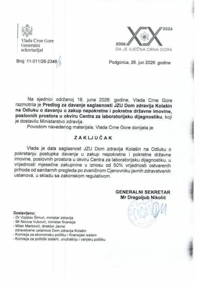 Предлог за давање сагласности ЈЗУ Дом здравља Колашин на Одлуку о давању у закуп непокретне и покретне државне имовине, пословних простора у оквиру Центра за лабораторијску дијагностику - Закључци