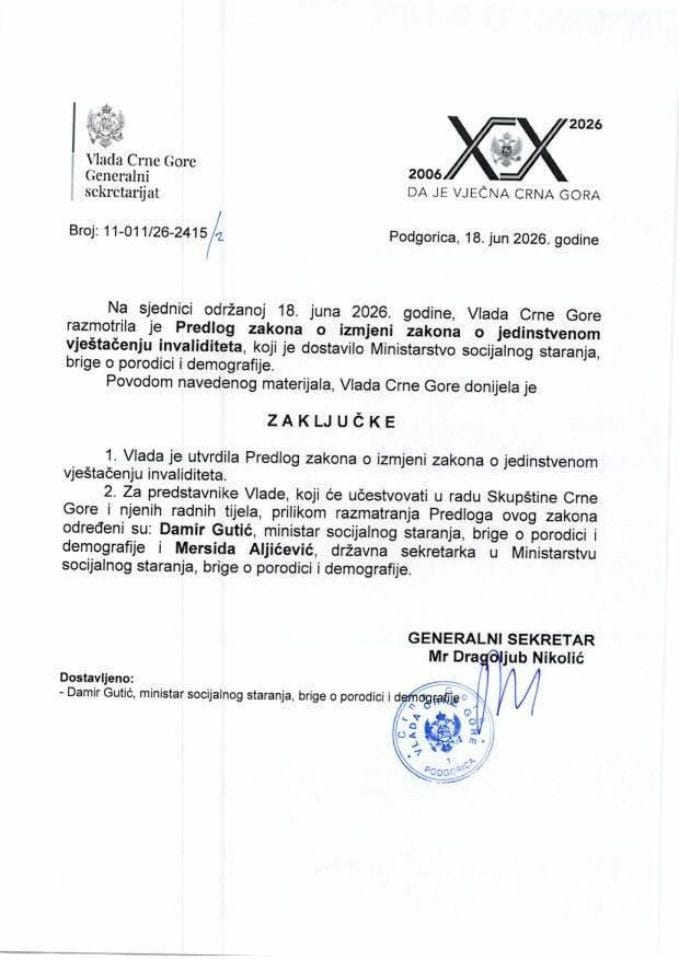 Predlog zakona o izmjeni Zakona o jedinstvenom vještačenju invaliditeta - Zaključci