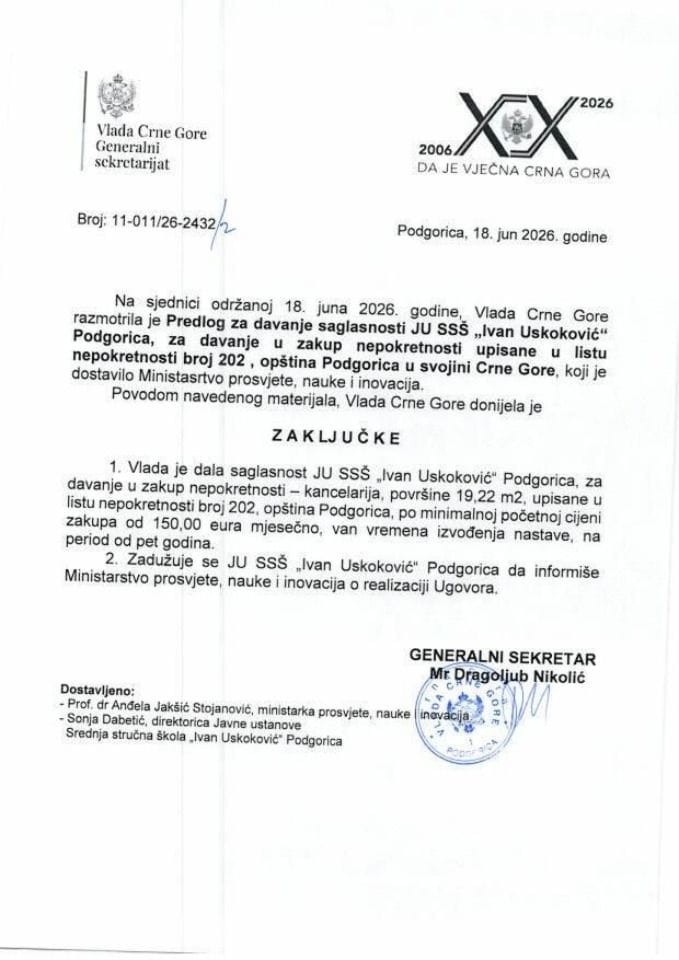Predlog za davanje saglasnosti JU SSŠ „Ivan Uskoković“ Podgorica, za davanje u zakup nepokretnosti upisane u listu nepokretnosti broj 202, opština Podgorica u svojini Crne Gore - Zaključci