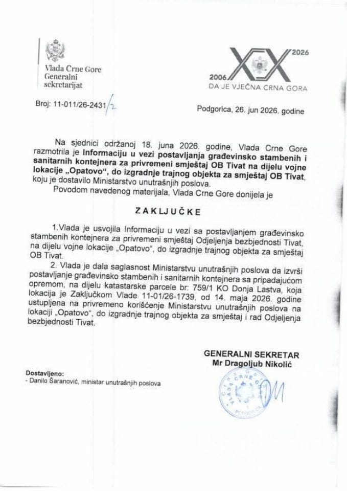 Informacija u vezi sa postavljanjem građevinsko stambenih i sanitarnih kontejnera za privremeni smještaj OB Tivat na dijelu vojne lokacije “Opatovo” u Tivtu, do izgradnje trajnog objekta za smještaj OB Tivat - Zaključci