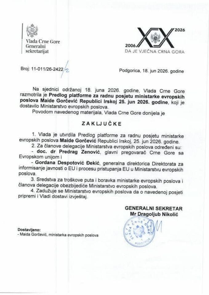 Предлог платформе за радну посјету министарке европских послова Маиде Горчевић Републици Ирској, 25. јун 2026. године - Закључци