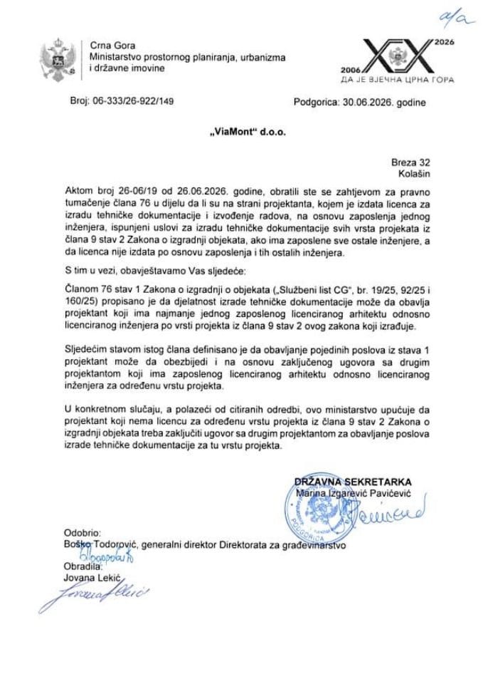 Mišljenja - Tumačenja - 06 333 26 922 149 ViaMont čl. 76