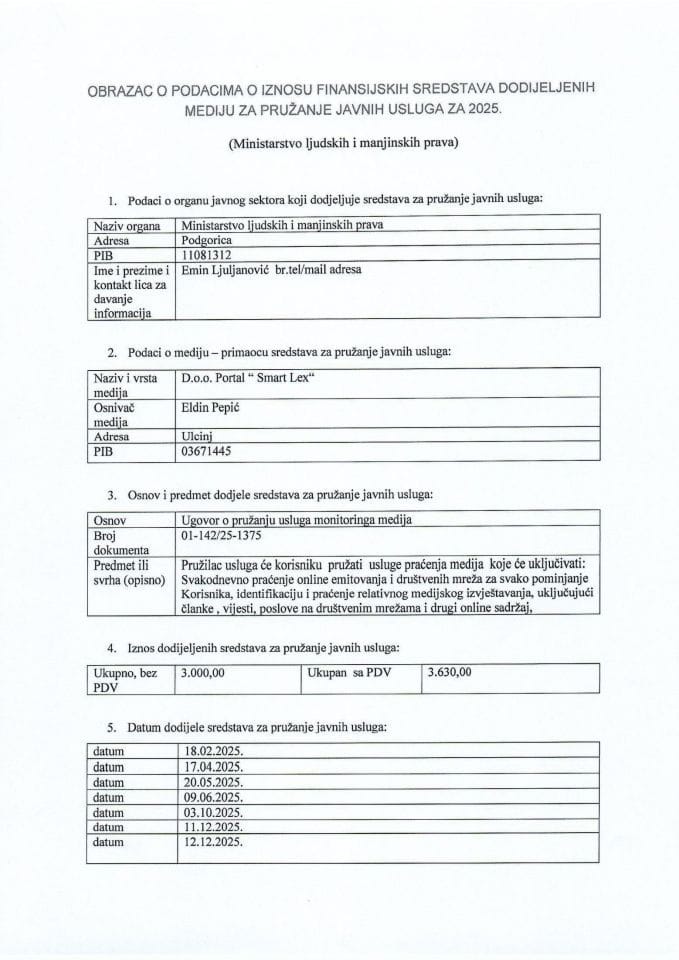 Obrazac o podacima o iznosu finansijskih sredstava dodijeljenih mediju za pružanje javnih usluga 2025.
