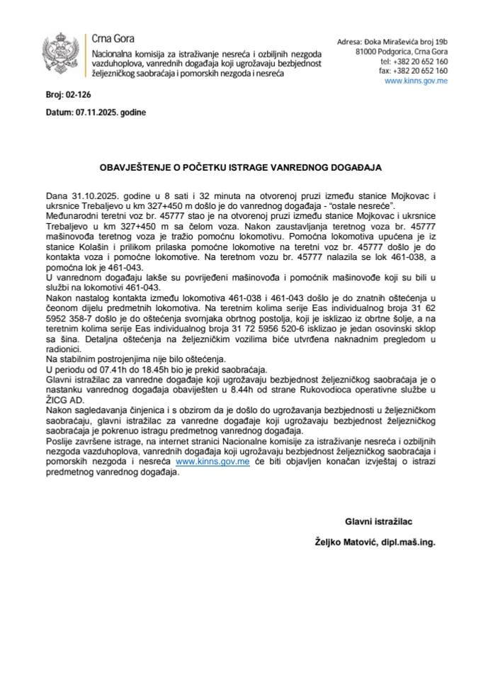 Obavještenje o početku istrage vanrednog događaja između stanice Mojkovac i ukrsnice Trebaljevo - 31.10.2025. godine