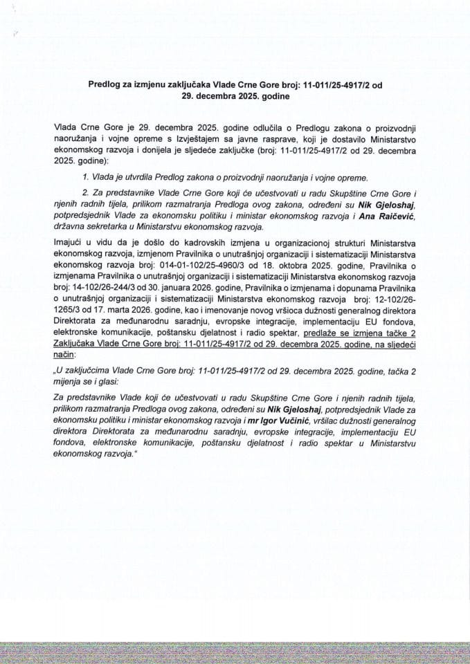 Predlog za izmjenu zaključaka Vlade Crne Gore, broj: 11-011/25-4917/2, od 29. decembra 2025. godine