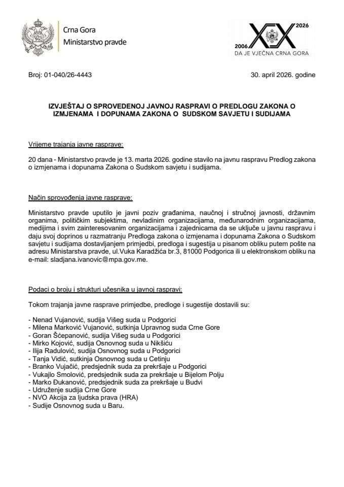 Izvještaj  o sprovedenoj javnoj raspravi o Predlogu zakona o izmjenama i dopunama Zakona o Sudskom savjetu i sudijama
