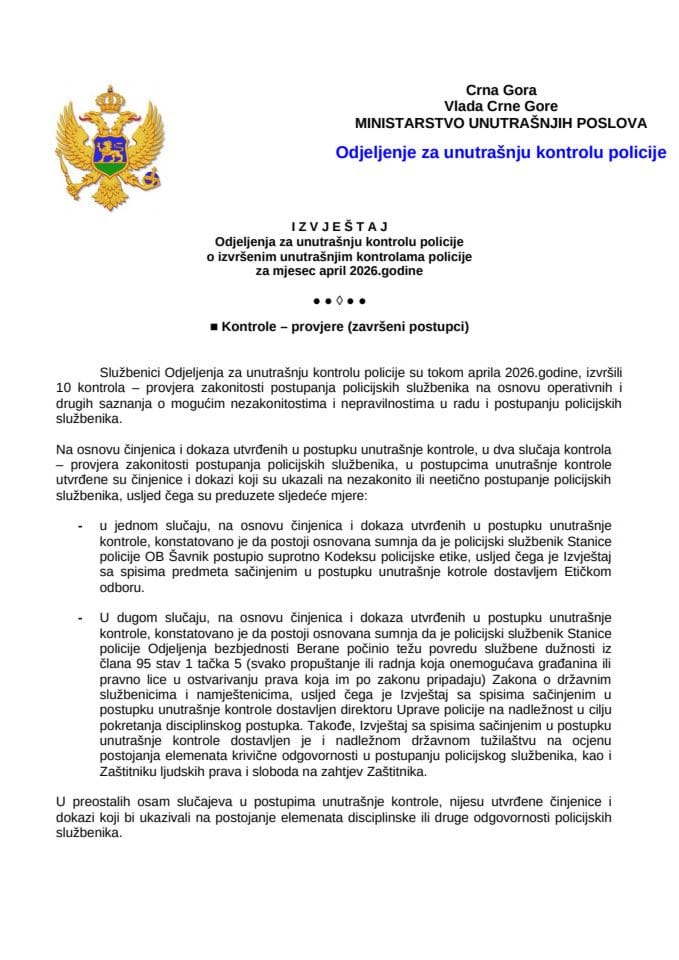 Izvještaj o postupanju po kontrolama i pritužbama za april 2026. godine