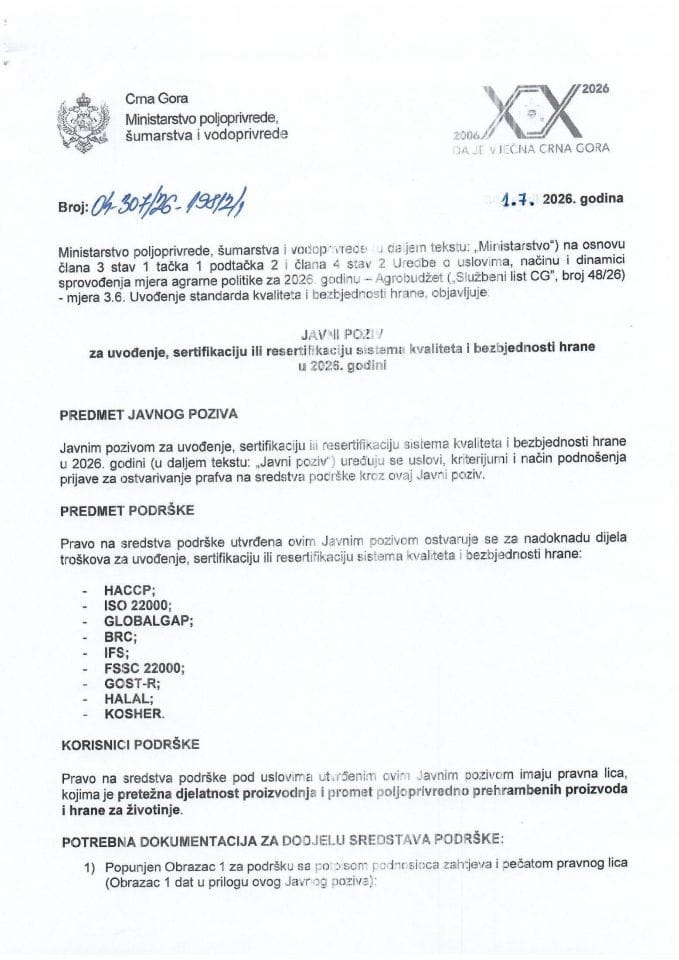 Javni poziv za uvođenje sertifikaciju ili resertifikaciju sistema kvaliteta i bezbijednosti hrane