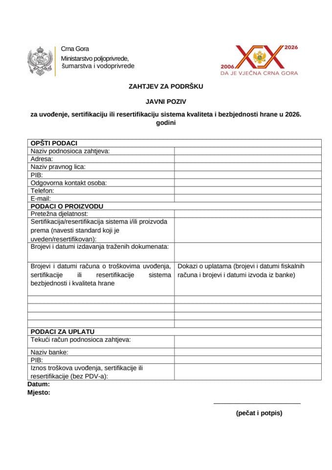 Obrazac  -  Javni poziv uvođenje, sertifikaciju ili resertifikaciju sistema bezbjednosti i kvaliteta hrane