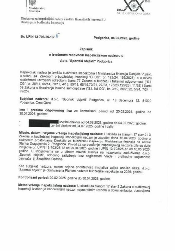 Zapisnik o izvršenom redovnom inspekcijskom nadzoru u DOO Sportski objekti Podgorica