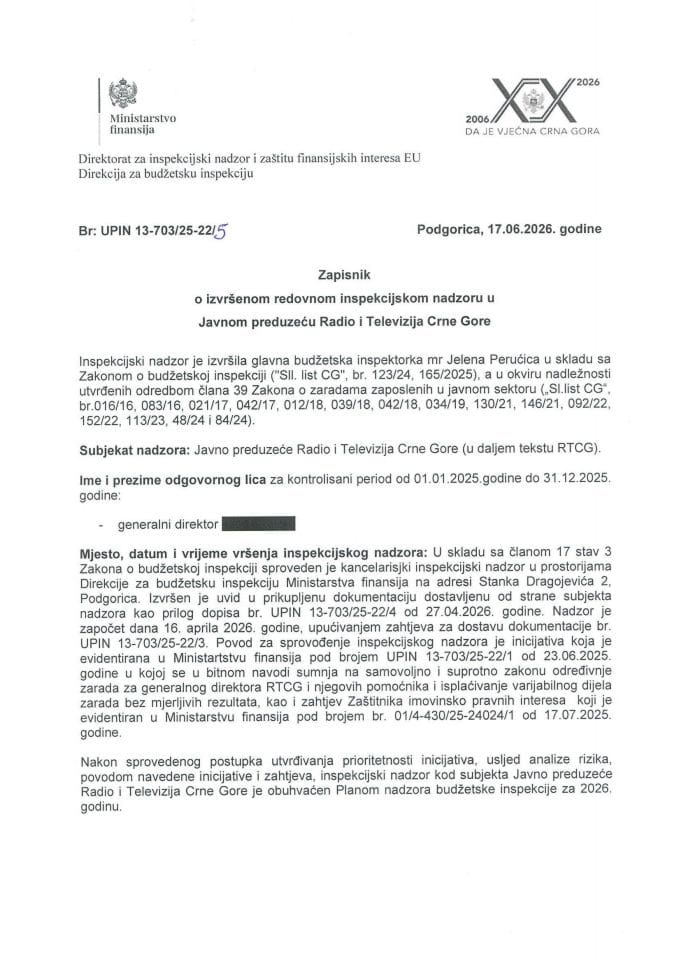 Zapisnik o izvršenom redovnom inspekcijskom nadzoru u Javnom preduzeću Radio i Televizija Crne Gore