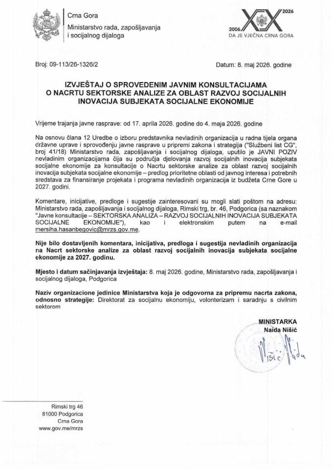 Izvještaj o sprovedenim javnim konsultacijama - 8. maj 2026
