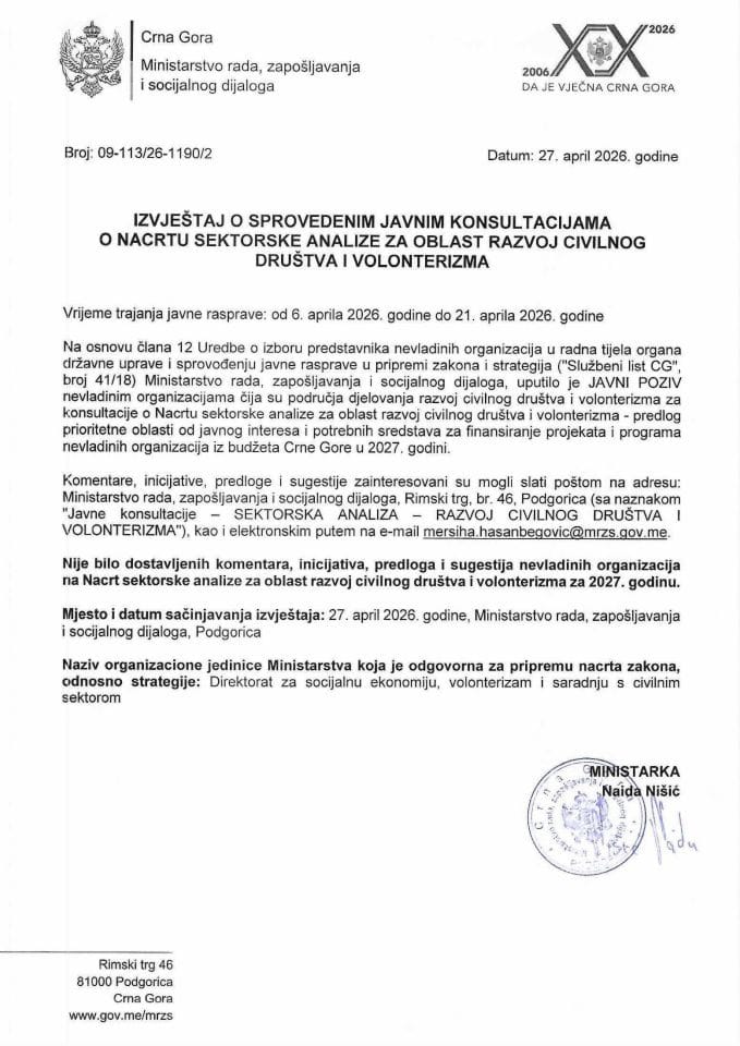5_Izvještaj o sprovedenim javnim konsultacijama o nacrtu SA - 27. april 2026