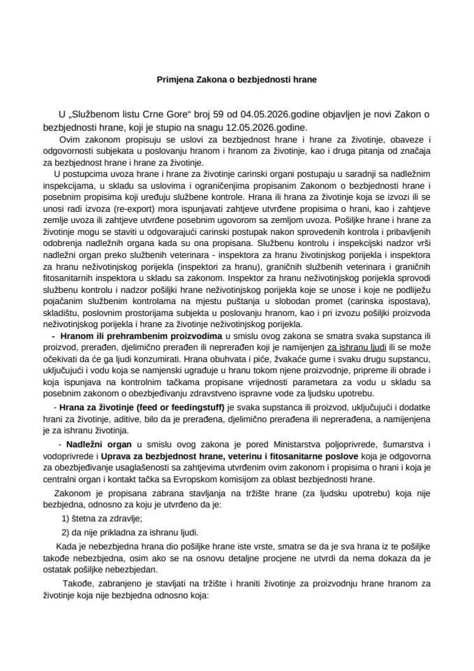 Primjena Zakona o bezbjednosti hrane