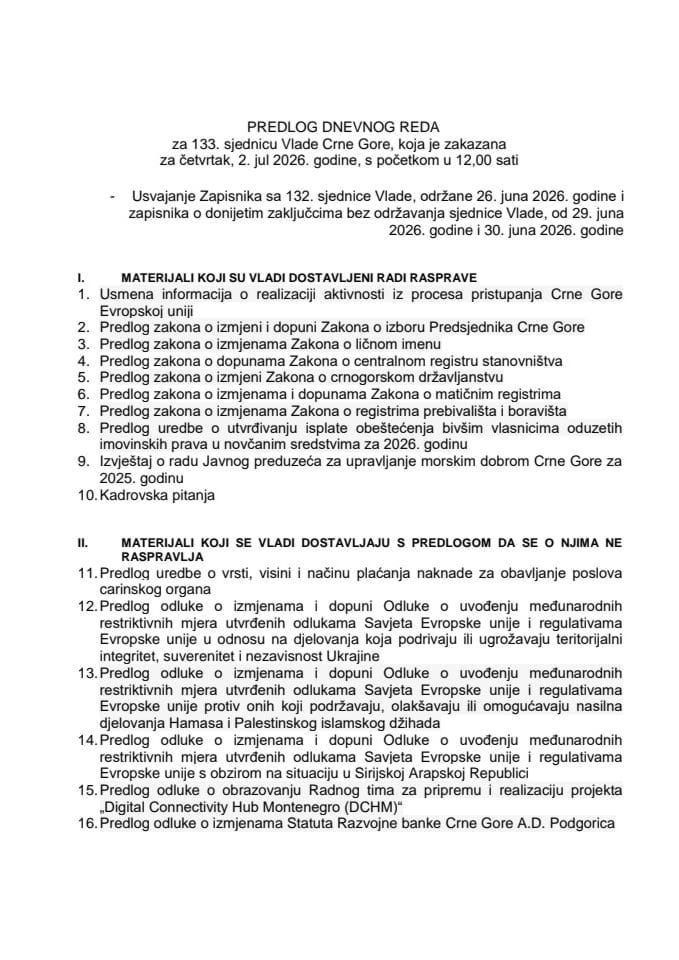 Predlog dnevnog reda za 133. sjednicu Vlade Crne Gore
