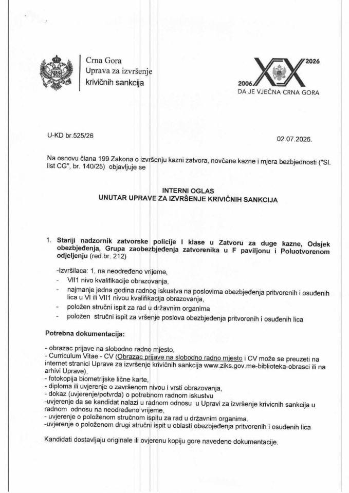 Interni oglas, 2.7.2026.