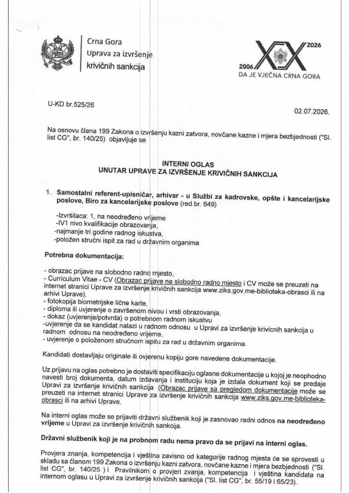 Interni oglas, 2.7.2026.