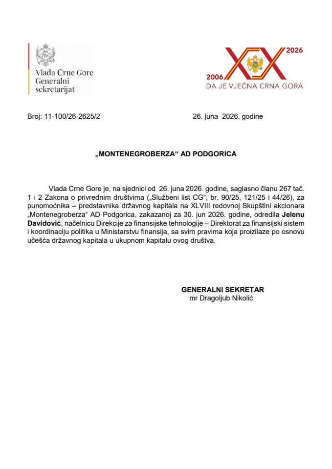 Предлог за одређивање пуномоћника - представника државног капитала на на XLVIII редовној Скупштини акционара “Монтенегроберза” АД Подгорица