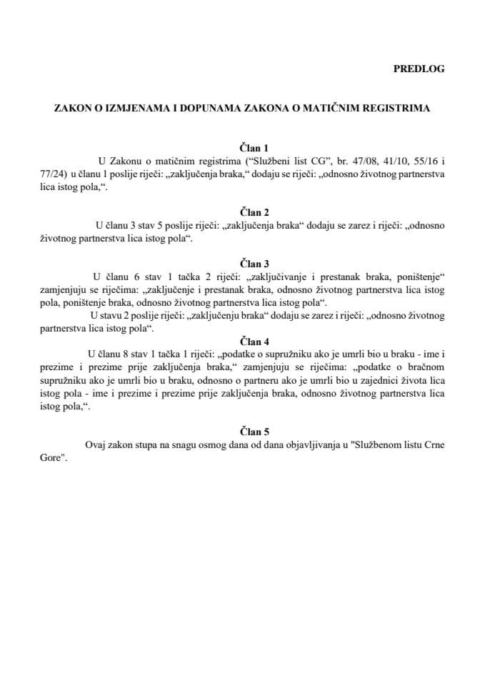 Predlog zakona o izmjenama i dopunama Zakona o matičnim registrima