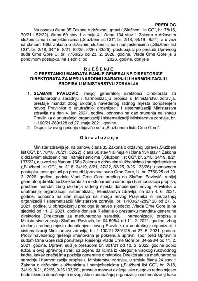 Predlog za prestanak mandata ranije generalne direktorice Direktorata za međunarodnu saradnju i harmonizaciju propisa u Ministarstvu zdravlja