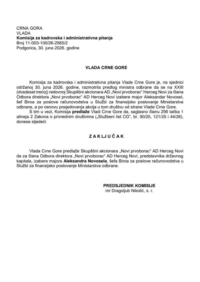 Predlog za izbor člana Odbora direktora „Novi prvoborac“ AD Herceg Novi