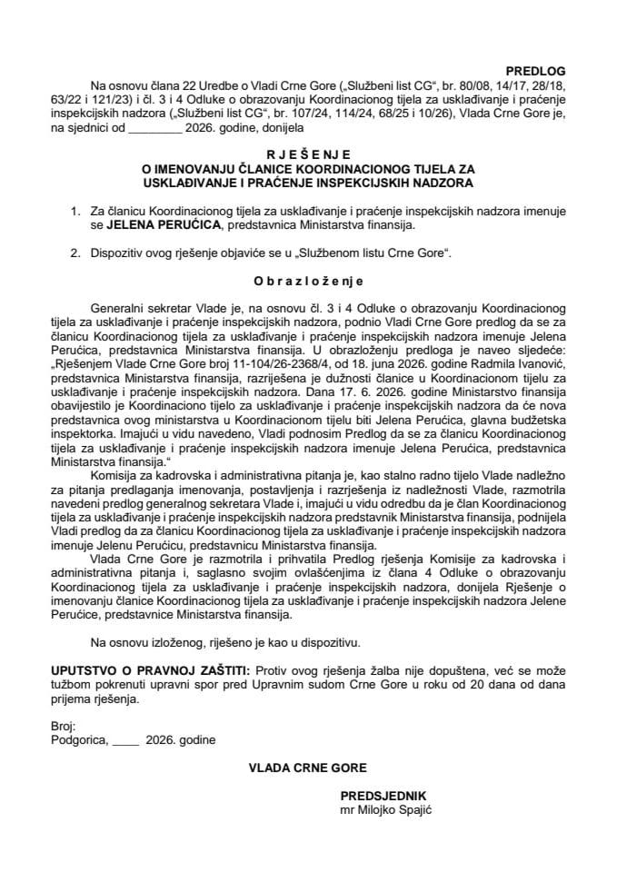 Predlog za imenovanje članice Koordinacionog tijela za usklađivanje i praćenje inspekcijskih nadzora