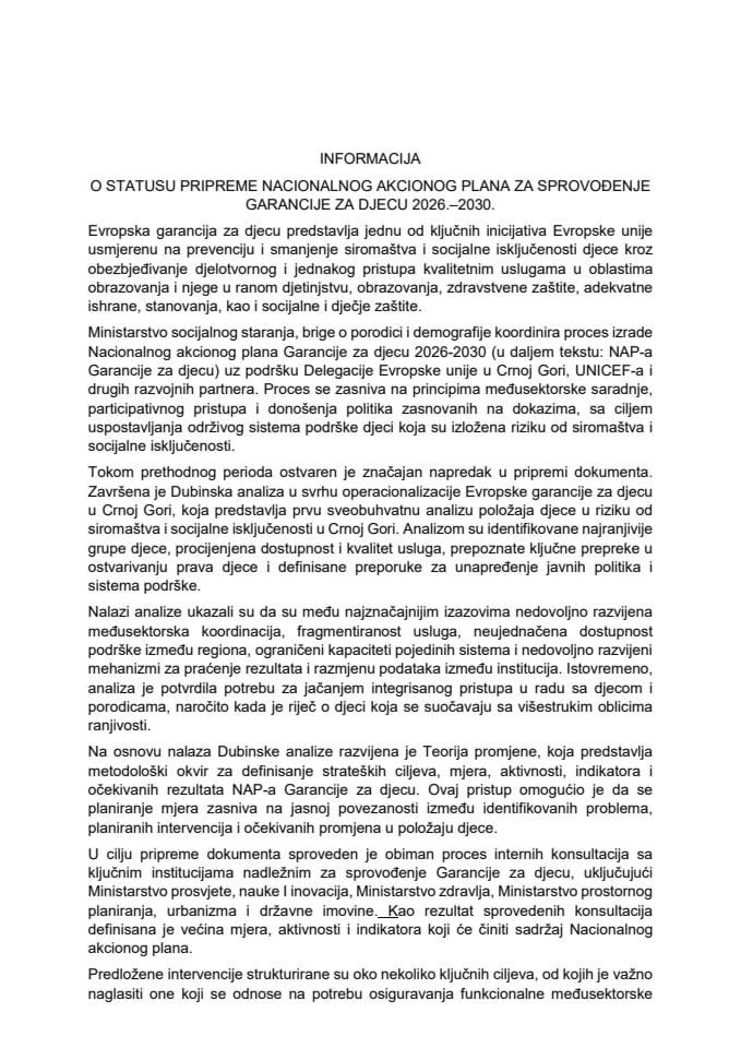 Informacija o statusu pripreme Nacionalnog akcionog plana za sprovođenje Garancije za djecu 2026-2030.
