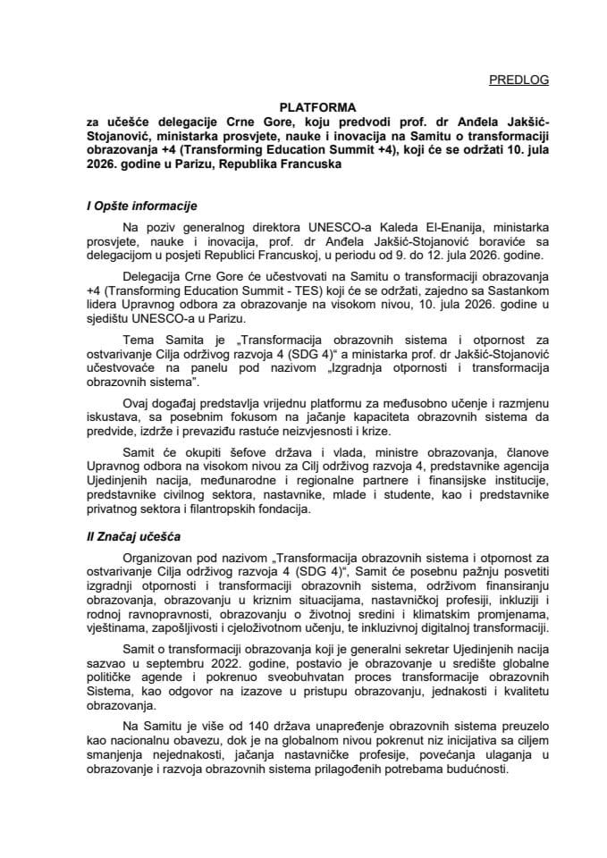 Predlog platforme za učešće delegacije Crne Gore, koju predvodi prof. dr Anđela Jakšić-Stojanović, ministarka prosvjete, nauke i inovacija, na Samitu o transformaciji obrazovanja +4