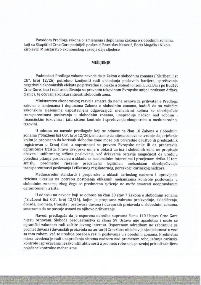 Predlog mišljenja na Predlog zakona o izmjenama i dopuni Zakona o slobodnim zonama (predlagači poslanici: Branislav Nenezić, Boris Mugoša i Nikola Zirojević)