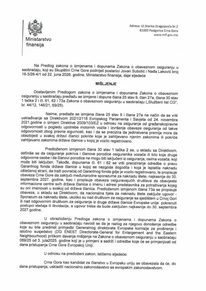 Predlog mišljenja na Predlog zakona o izmjenama i dopunama Zakona o obaveznom osiguranju u saobraćaju (predlagači poslanici Jovan Subotić i Nađa Laković)