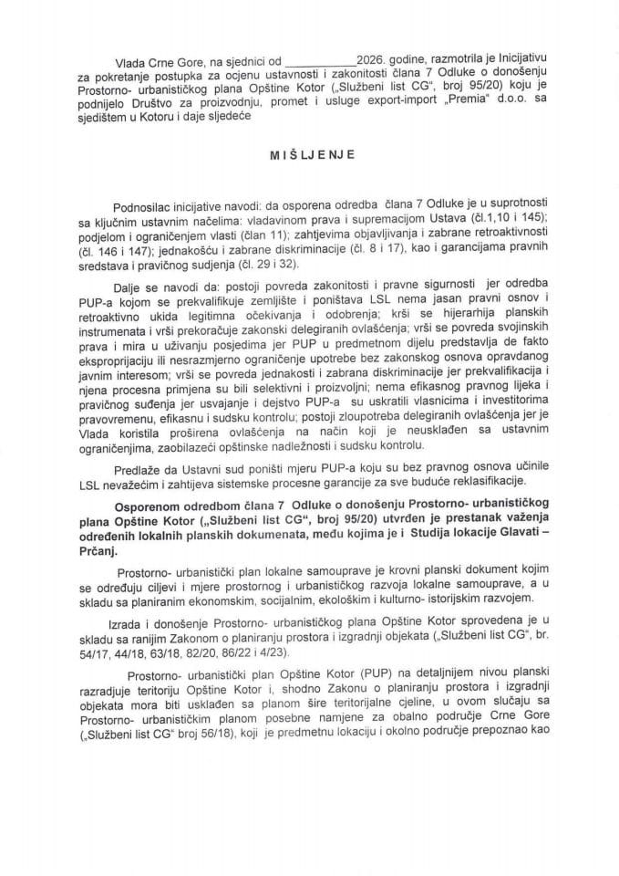 Predlog mišljenja na Inicijativu za pokretanje postupka za ocjenu ustavnosti i zakonitosti člana 7 Odluke o donošenju Prostorno - urbanističkog plana Opštine Kotor